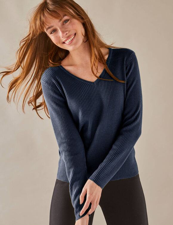 Pull col V, maille côtelée (marine) Pull col V, maille côtelée (marine)